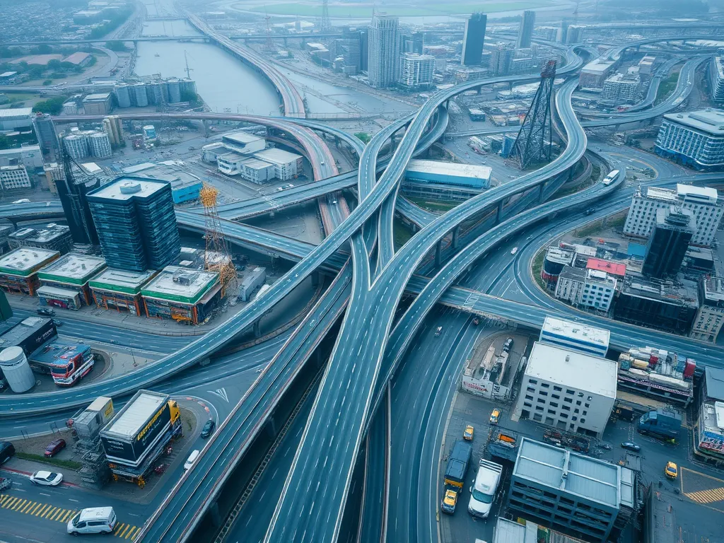 Aerial view of complex transportation infrastructure featuring asphalt-paved roads and recycling operations.