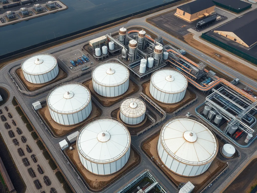 Aerial view of an asphalt refining facility with storage tanks and processing equipment.