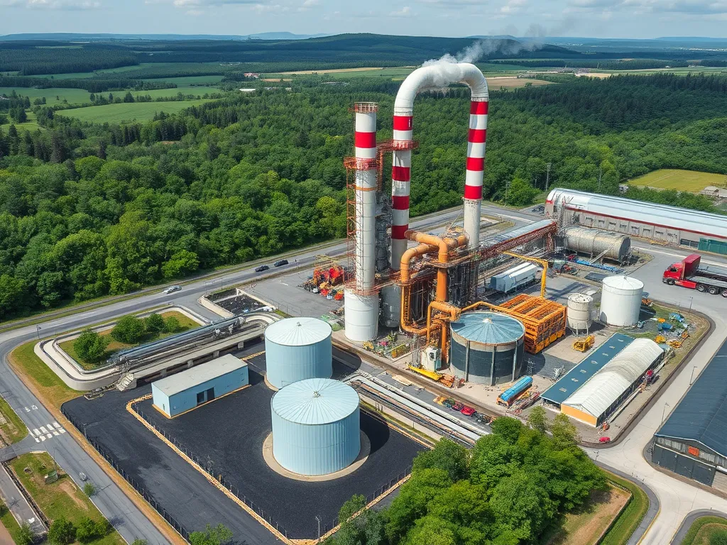 Aerial view of an asphalt refining plant showcasing processing facilities and large storage tanks.
