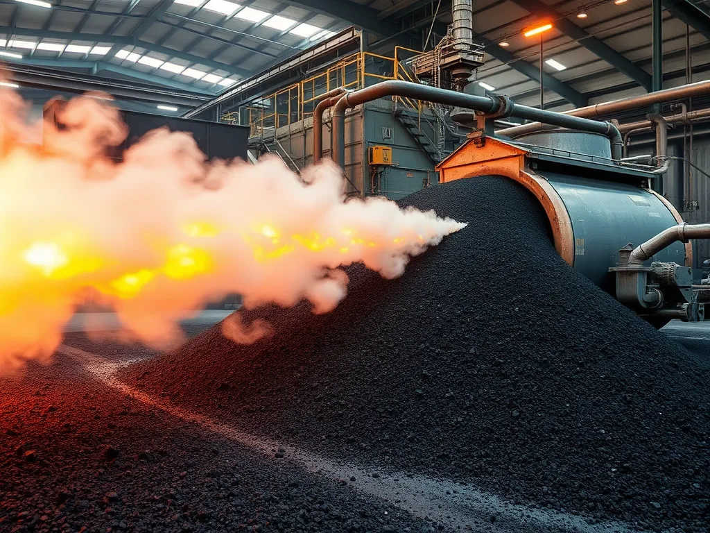 Industrial asphalt refining with heated raw materials and processing equipment.