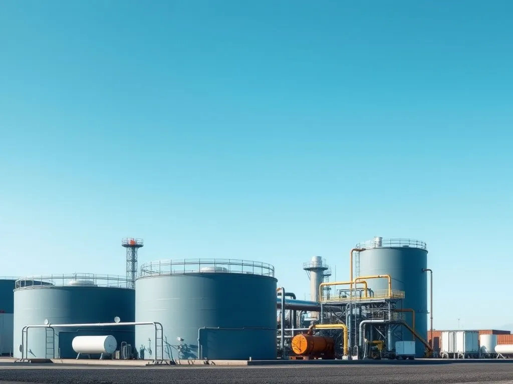Industrial asphalt refining tanks with pipelines and clear sky