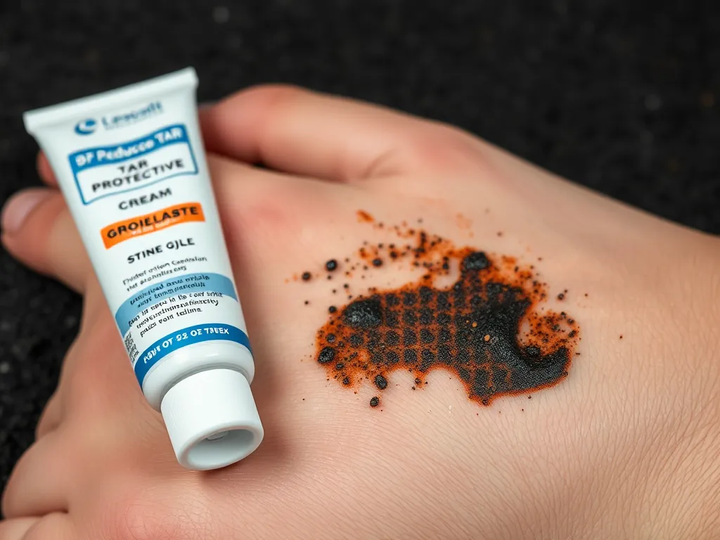 Tube of protective cream next to skin stained with asphalt, illustrating how to remove asphalt from skin.