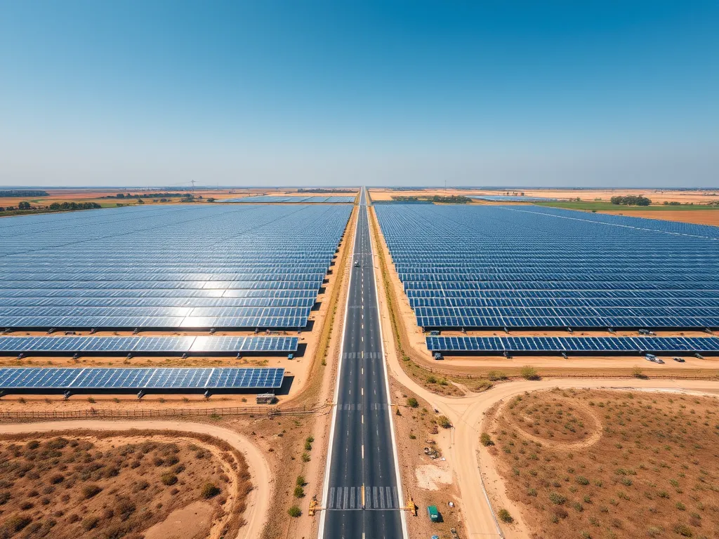 Aerial view of solar panels alongside asphalt roads in a renewable energy project