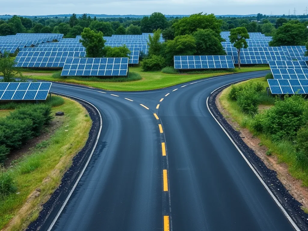 Aerial view of asphalt roads intersecting solar panel fields, highlighting asphalt applications in renewable energy projects.