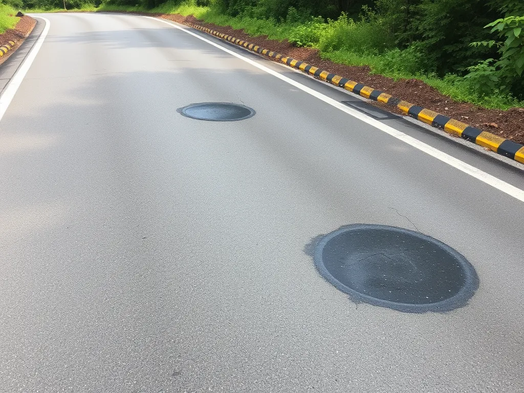 Asphalt maintenance strategy showing repair patches on a road.