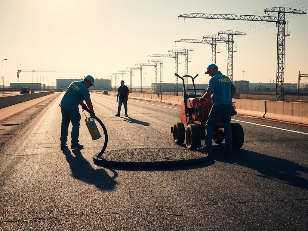 Asphalt repair professionals working on a roadway, highlighting the advantages of hiring experts.