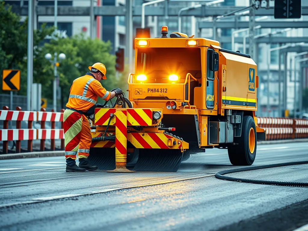 A professional asphalt repair technician using specialized equipment to maintain and repair road surfaces.