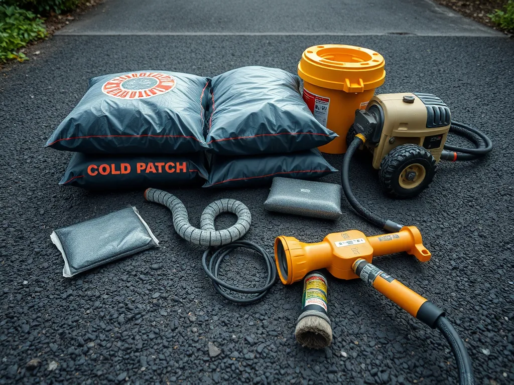 Asphalt repair tools including cold patch bags, a blower, and a heater used for cost-effective driveway repairs.