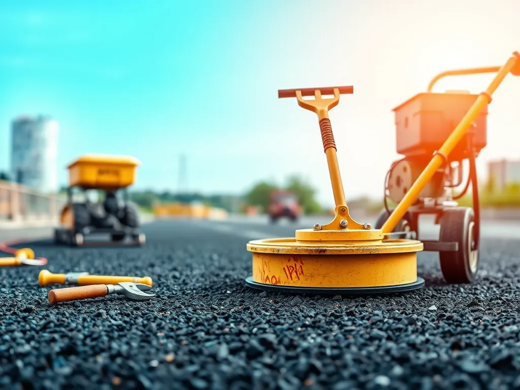 Various tools for asphalt resurfacing, including a trowel, roller, and other equipment.