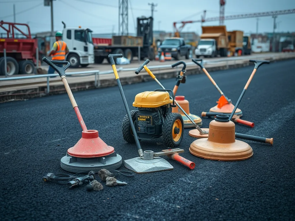 Various tools for asphalt resurfacing including vibratory compactors and hand trowels