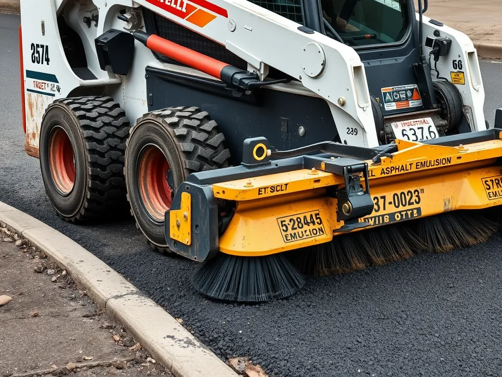 Skid steer loader with an asphalt emulsion broom for resurfacing projects