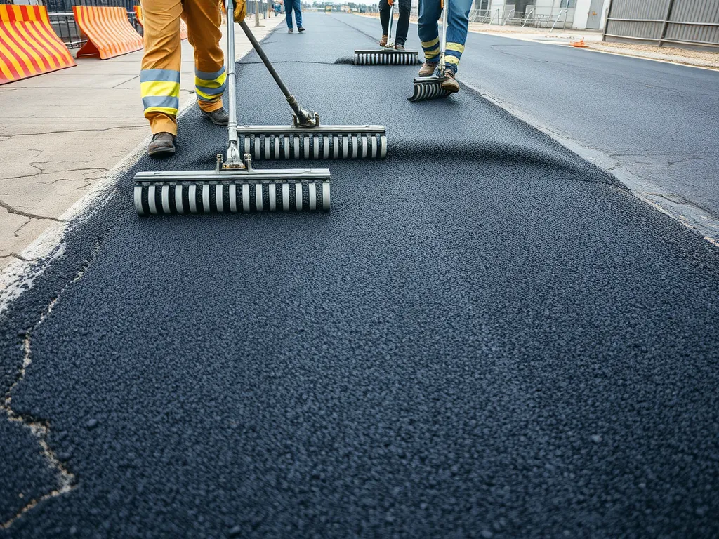 Workers reworking freshly poured asphalt on a construction site