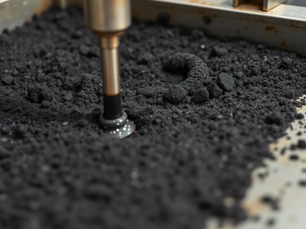 Close-up image of an asphalt rheology testing device measuring the properties of asphalt