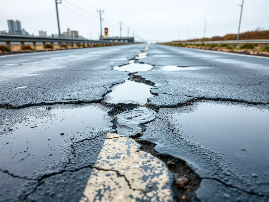 Cracked asphalt road showing signs of wear and tear, related to the longevity of asphalt roads.