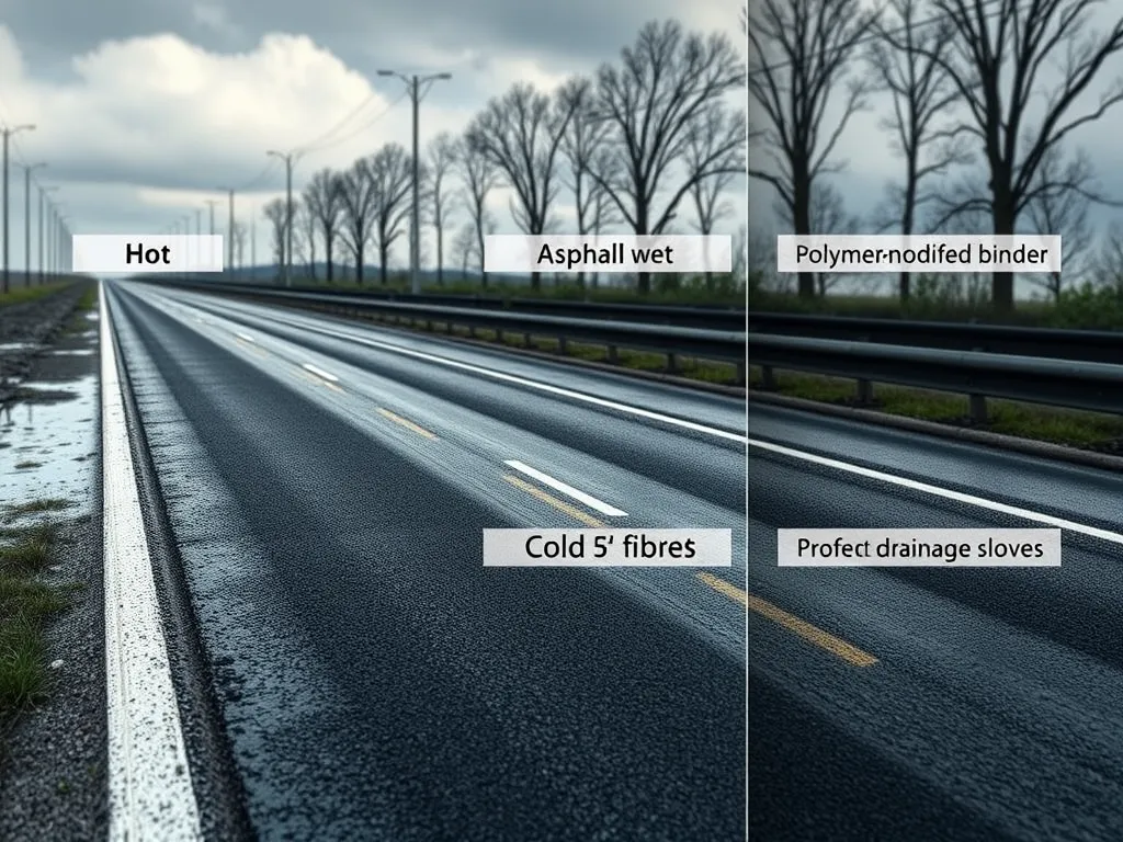 Detailed view of asphalt road showing durability features such as polymer-modified binder and cold fibres for enhanced longevity.