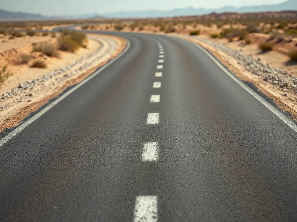A long, winding asphalt road showcasing its durability and smooth surface in a desert landscape.