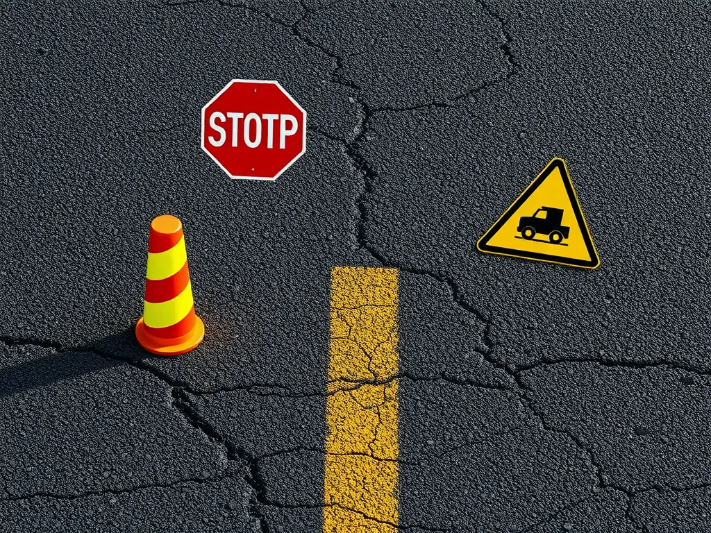 Image depicting asphalt road durability with a stop sign, construction cone, and warning sign on a textured asphalt surface.