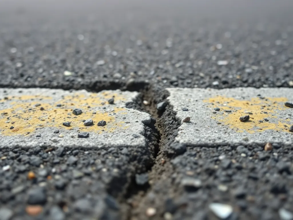 Close-up of cracked asphalt road highlighting inspection needs for road safety