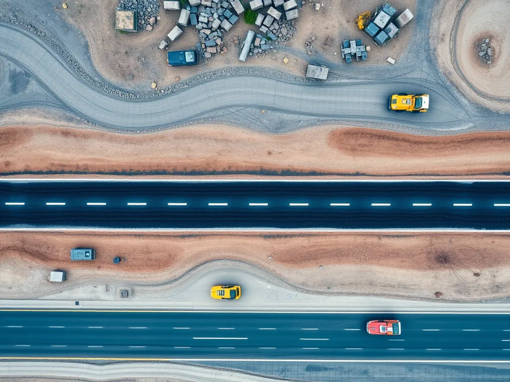 Aerial view of construction and maintenance processes in the life cycle of asphalt roads.