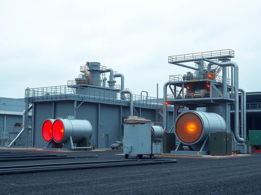 Industrial facility showing the heating and mixing process in asphalt road production.
