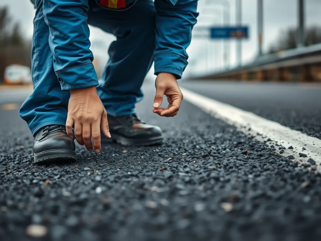Inspector examining asphalt road condition for safety inspections