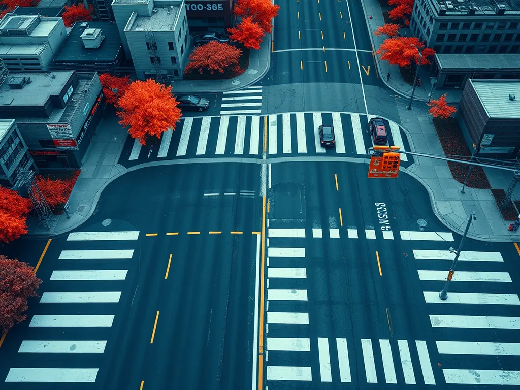Aerial view of a well-maintained asphalt road with clear markings for pedestrian crossings and autumn trees, showcasing effective road safety enhancements.