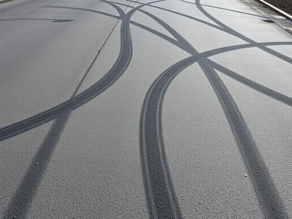Close-up view of an asphalt surface showing tire tracks, relevant for asphalt vs concrete discussion.