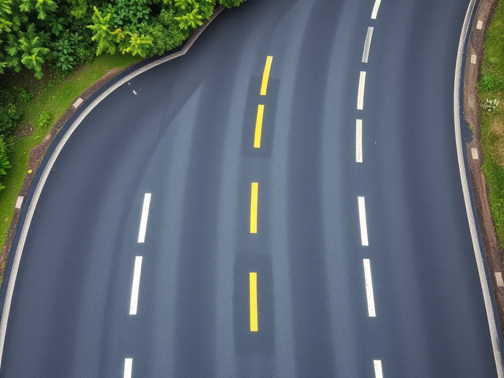 Aerial view of a freshly paved asphalt road with yellow and white lane markings.