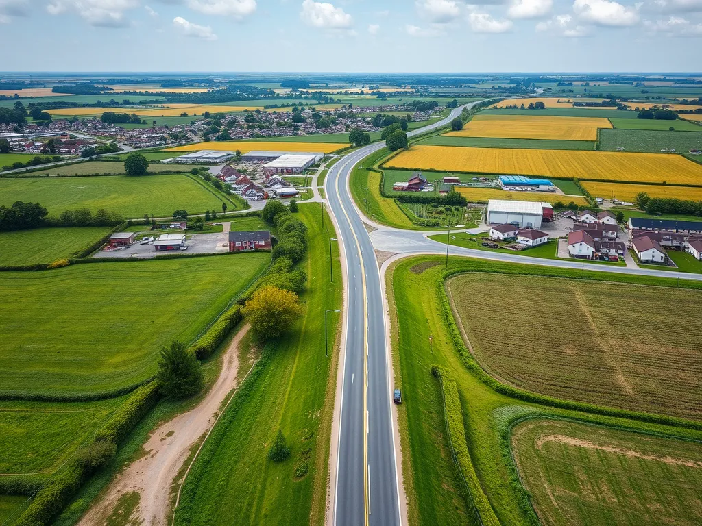 Aerial view of well-constructed asphalt roads surrounded by agricultural fields in an emerging economy.