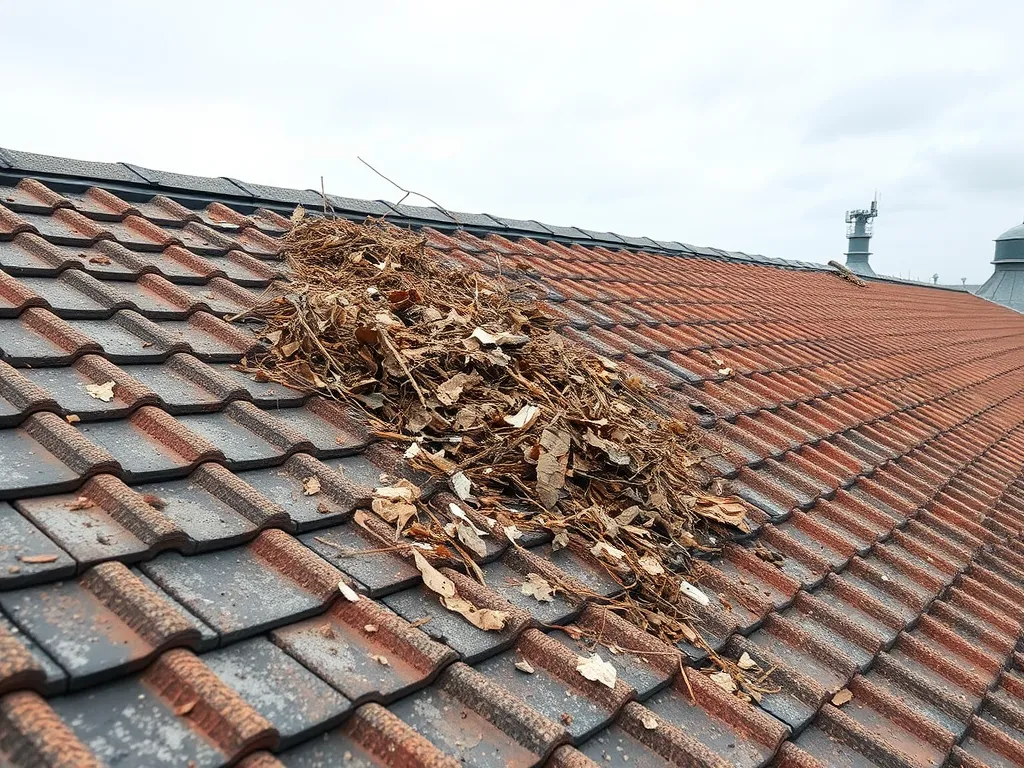 Asphalt roof showing debris accumulation affecting longevity