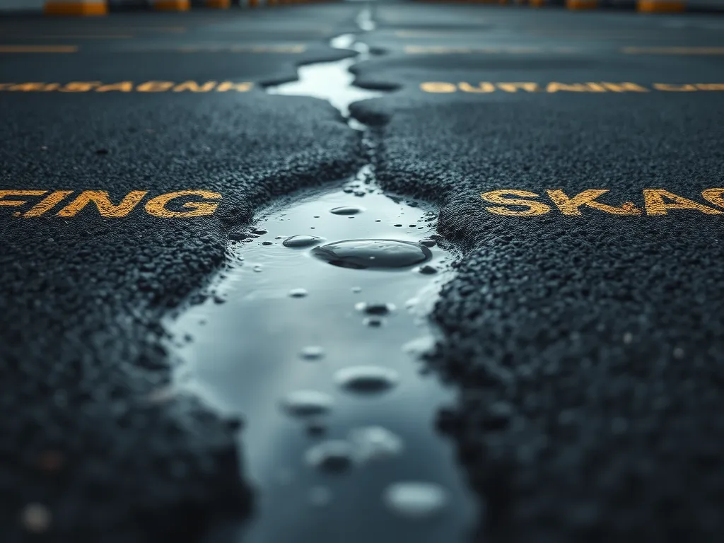 Close-up of asphalt rubber applied to repair cracks in the pavement, showcasing its effectiveness in preventing water damage.