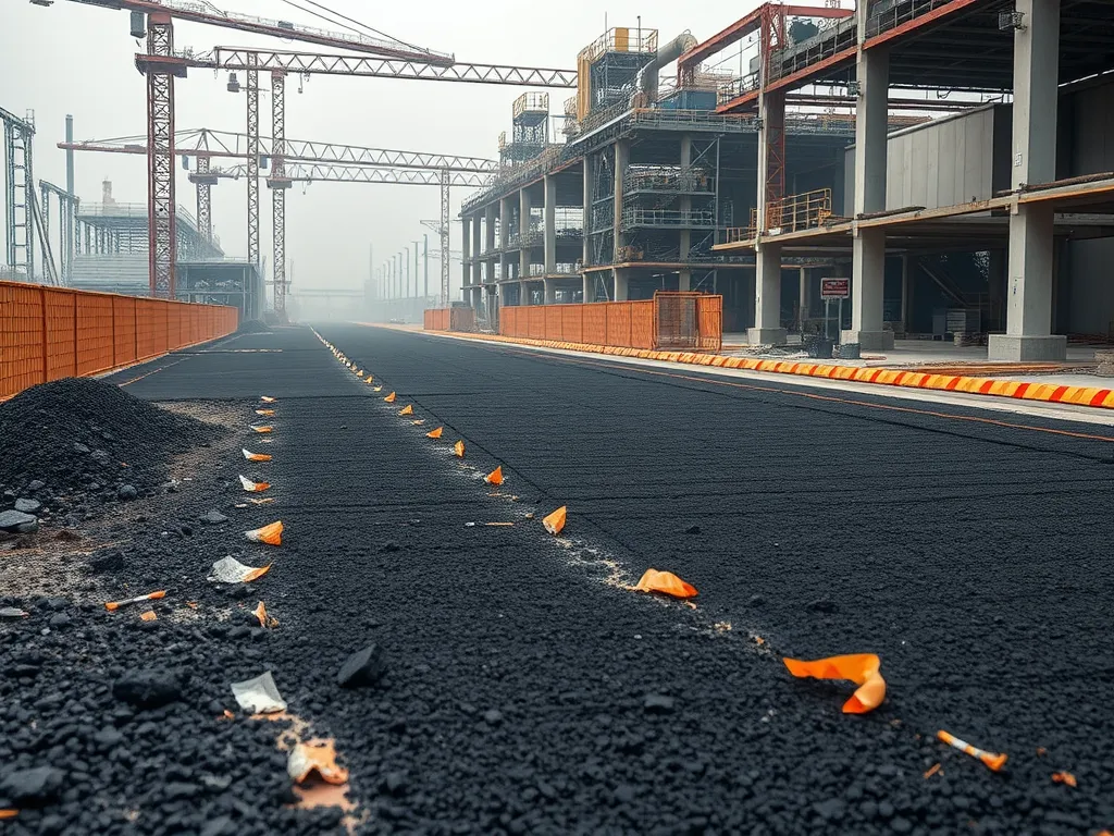 Construction site with asphalt rubber being laid for paving applications.