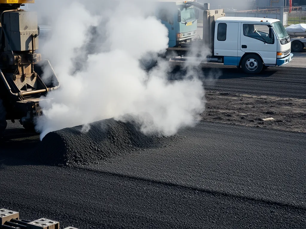 Hot asphalt being laid to mitigate rutting on a roadway