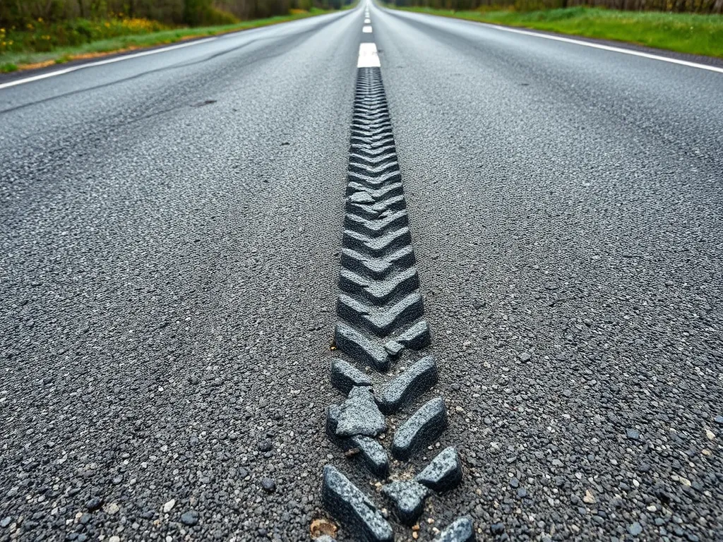 Close-up view of asphalt rutting on a roadway highlighting the mitigation techniques used for road durability.