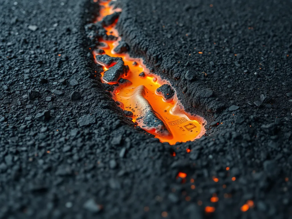 Image depicting asphalt rutting with visible cracks and repairs related to asphalt rutting solutions