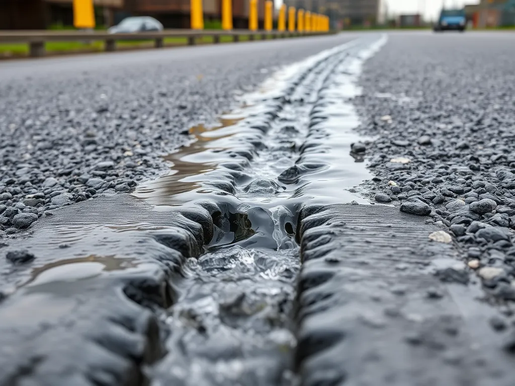 Close-up view of asphalt rutting with water accumulation highlighting rutting issues