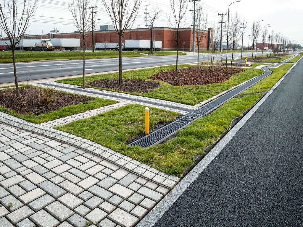 Green infrastructure featuring permeable paving and drainage channels to combat asphalt rutting