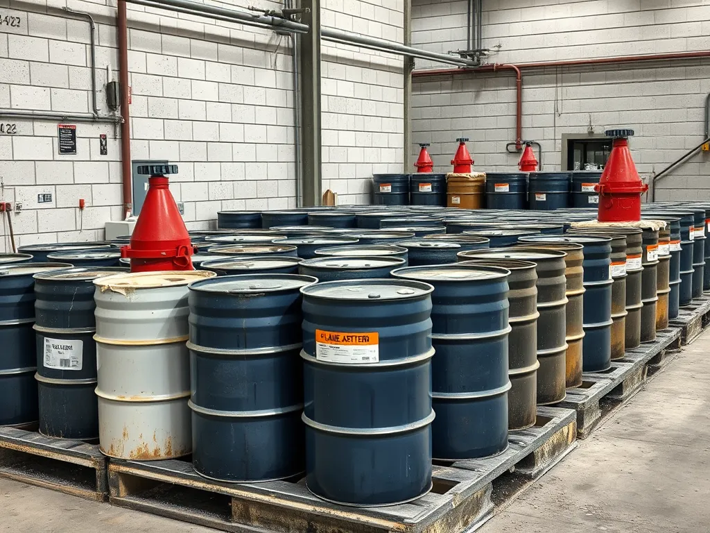 Collection of safety barrels for professional asphalt pourers, emphasizing safety measures in asphalt handling.