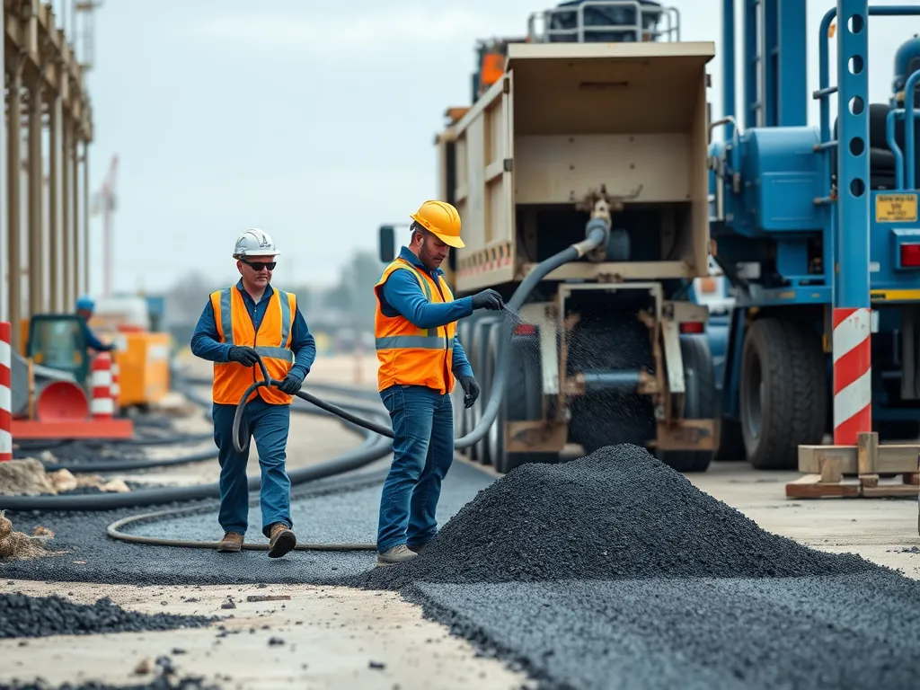 Professional asphalt pourers applying safety measures during an asphalt paving process