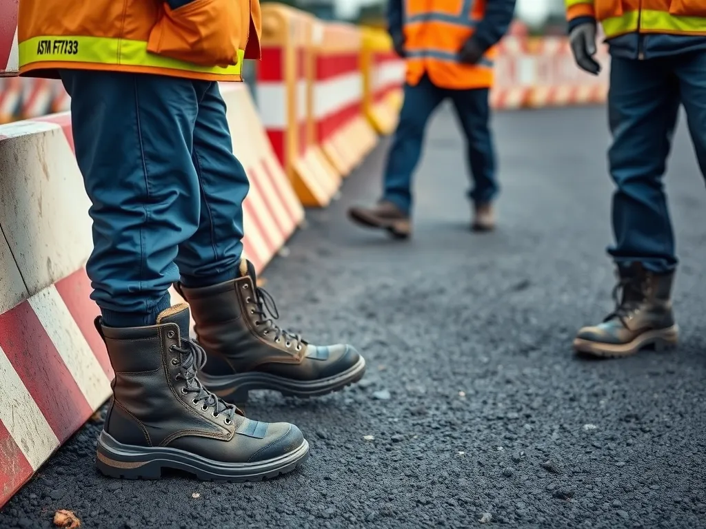 Professional asphalt pourers wearing safety boots and gear on a construction site.