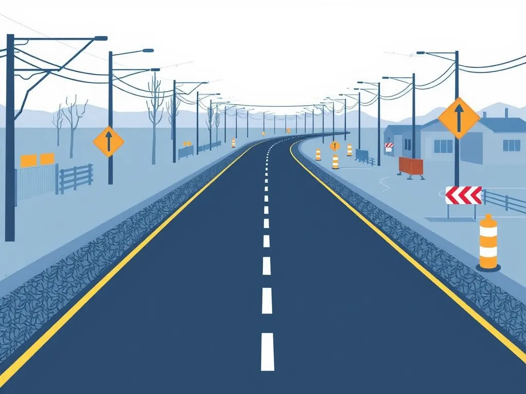 Illustration of a road with construction signs and markings highlighting upcoming asphalt safety regulations