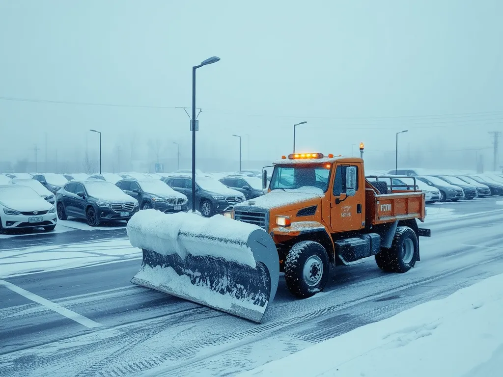 Snow plow clearing snow from asphalt surface, highlighting the importance of protective sealants.