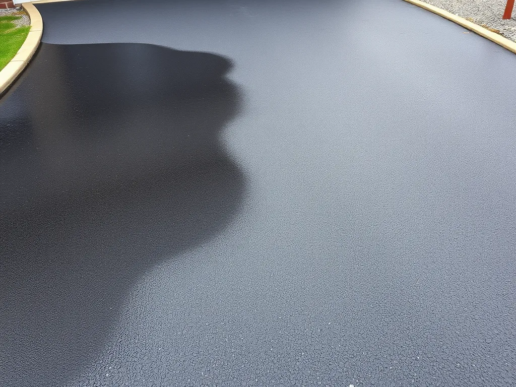 Freshly applied asphalt sealant drying on a driveway surface.