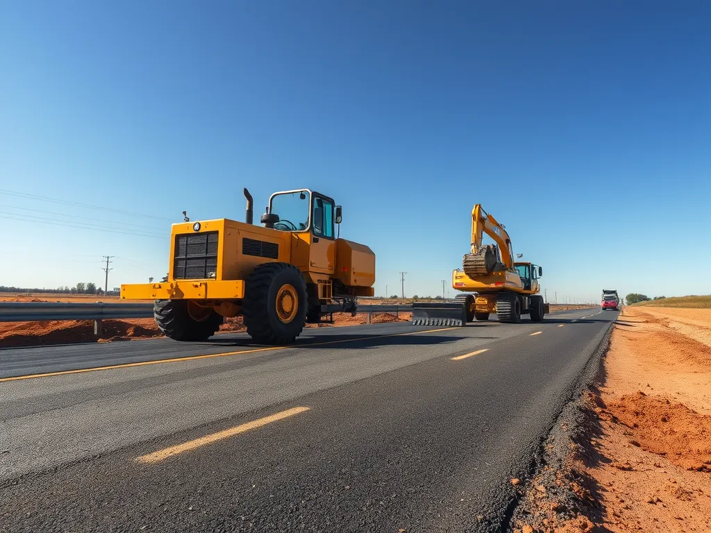 Construction machinery on an asphalt road, illustrating factors affecting asphalt setting time.
