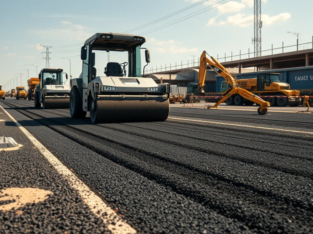 Heavy machinery compacting asphalt on a road surface, illustrating factors affecting asphalt setting time