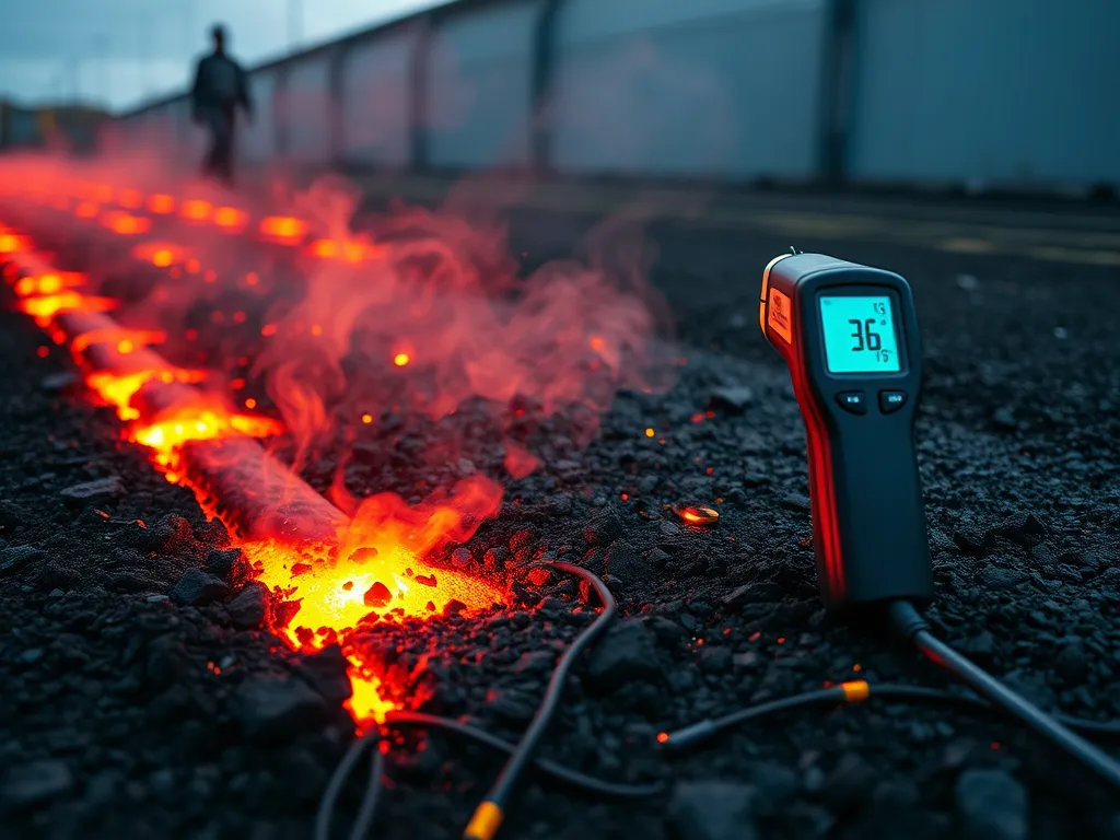 Infrared thermometer measuring temperature during asphalt sidewalk installation.