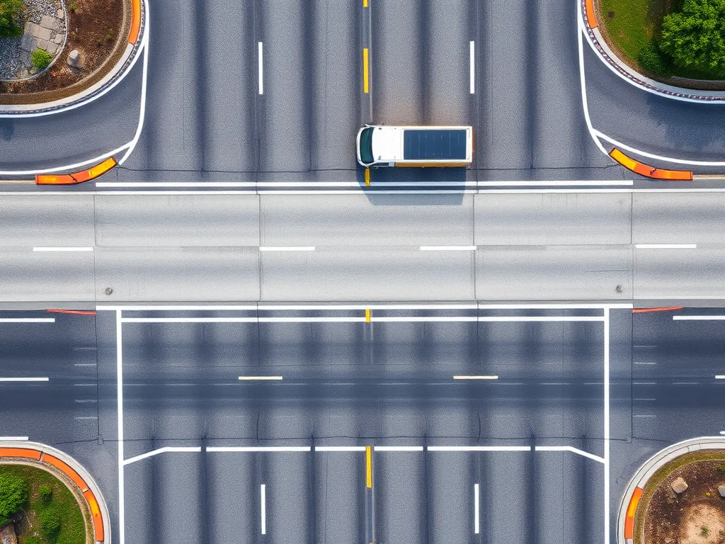 Aerial view of a highway showcasing asphalt surface and skid resistance features.