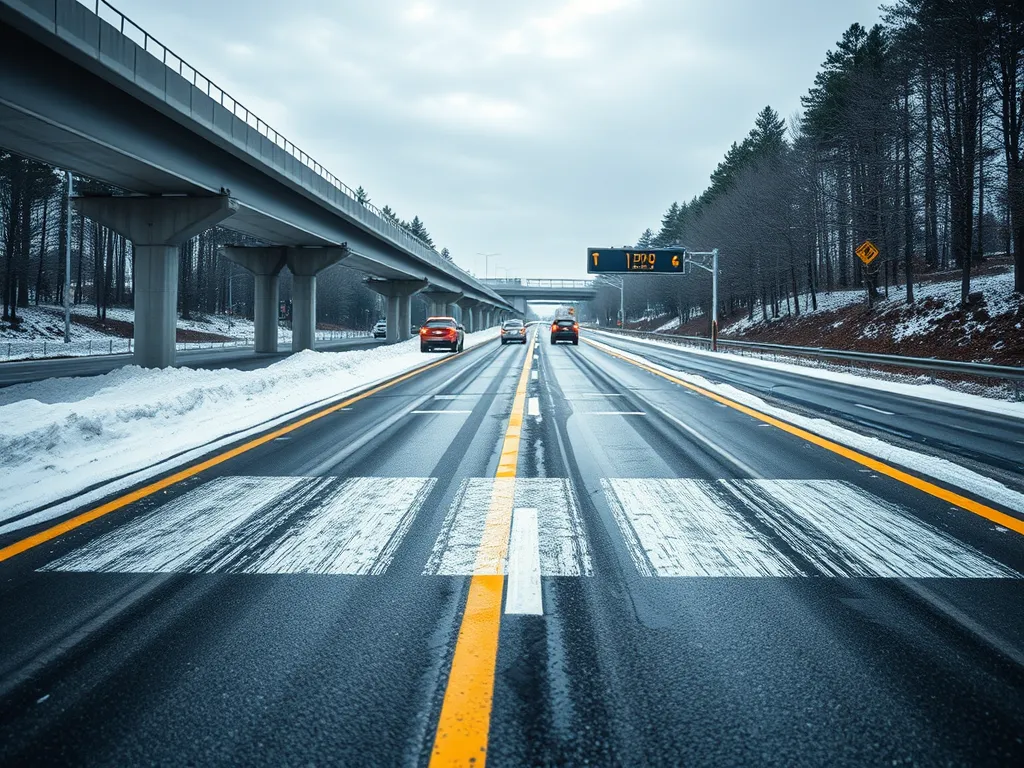 Snowy highway showcasing asphalt skid resistance with visible vehicle tracks.