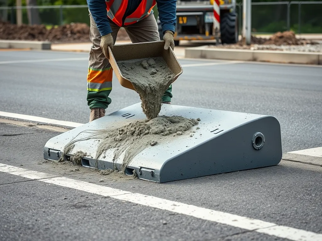 A worker pouring concrete into an asphalt speed bump during installation
