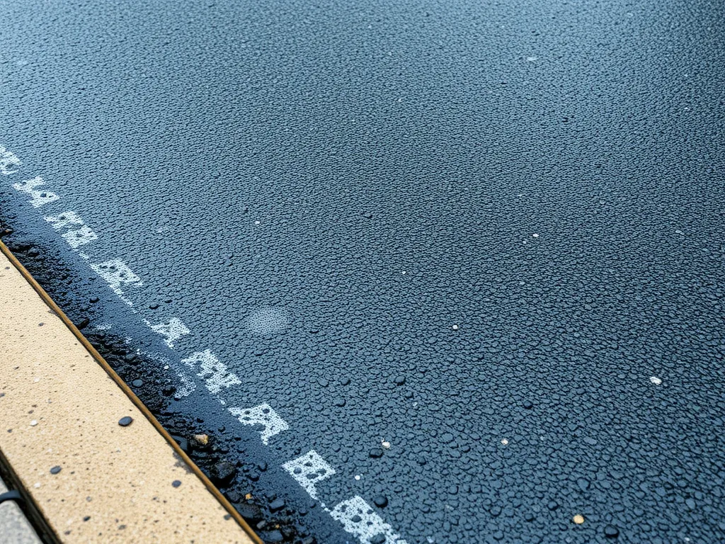 Close-up of asphalt surface showing its sticky texture with droplets of water.